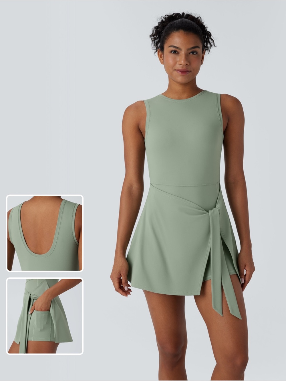 HALARA Sage Green Tie-Waist Skater Dress